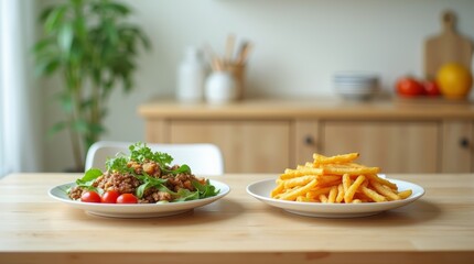 A clean and minimalistic dining table with two plates side by side—one with a fresh, homemade meal, and the other with highly processed fast food