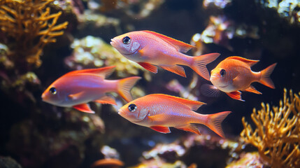 Vibrant tropical fish swimming among coral reefs in a colorful underwater scene