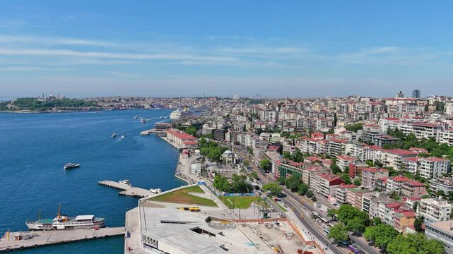 Istanbul, Turkey: Aerial view of famous Turkish city straddling Bosphorus Strait, summer day with clear blue sky - landscape panorama of Europe / Asia from above
