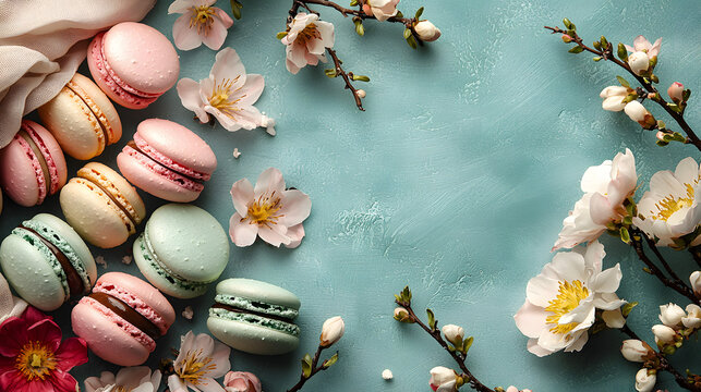 A beautifully styled composition featuring pastel-colored macarons alongside delicate spring blossoms, set against a textured blue background
