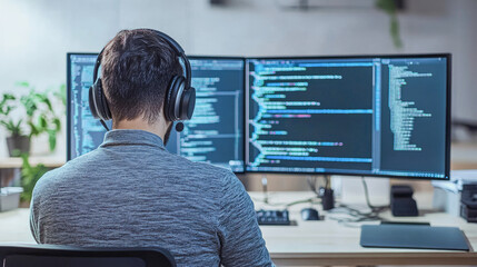 Young caucasian male programmer with headset coding on dual monitors in modern office