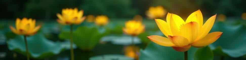 Obraz premium Glowing yellow lotus flowers bloom in a serene and peaceful environment, floral, nature, glowing