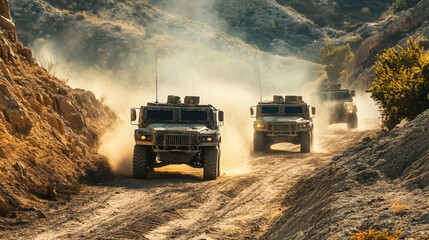 Military vehicles navigating dusty mountain trail in action-packed desert landscape
