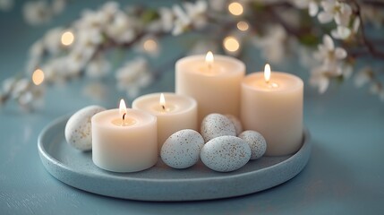 white candles and eggs on a plate, Easter decor