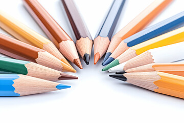 Colorful pencils arranged in a circle on white background; ideal for art supplies advertising