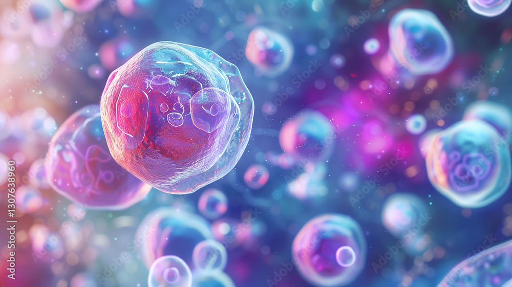 Poster this colorful depiction of stem cells showcasing their unique structure and potential in therapy.