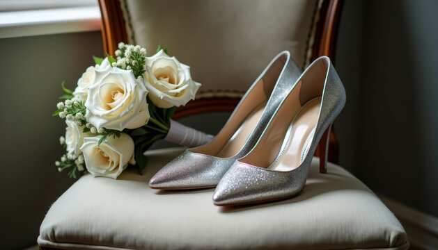 Sparkling silver wedding shoes placed beside bridal bouquet on vintage chair, soft ambient, minimal and elegant wedding aesthetic. Bridal accessories. Spring Wedding Expo