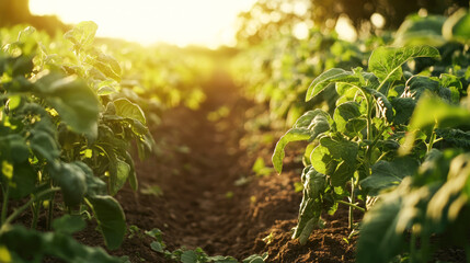 Sunlit green vegetable field with healthy plants in soil at sunset