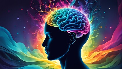 Abstract mind with flowing thoughts represented in vibrant rainbow colors