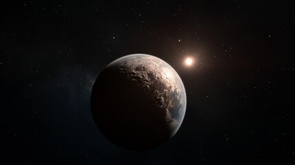 Obraz premium Alien planet illuminated by a distant star set in a vast space background.