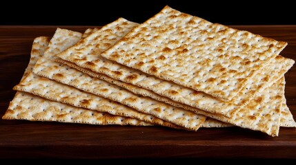 Fototapeta premium Stacked Matzah Crackers on Wooden Table, Jewish Passover Celebration Food.
