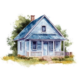 Charming Blue Cottage Watercolor Illustration