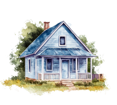 Charming Blue Cottage Watercolor Illustration