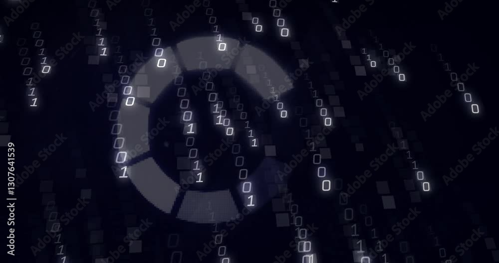 Poster binary code and circular graphic animation over dark digital background