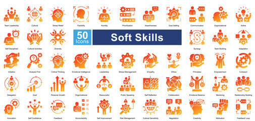 Fototapeta premium Soft Skills icon set in glyph gradient style, featuring 50 icons of communication, leadership, adaptability, and teamwork. Perfect for HR, personal development, and career growth.