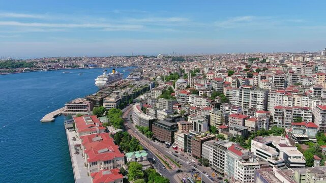 Istanbul, Turkey: Aerial view of famous Turkish city straddling Bosphorus Strait, summer day with clear blue sky - landscape panorama of Europe / Asia from above
