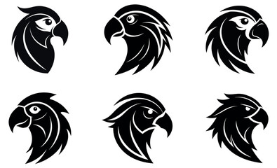 Six Stylized Parrot/Eagle Head Logos on White Background