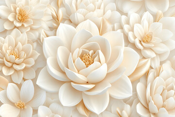 Creamy floral wallpaper; elegant, 3D flower design; ideal for home decor or print