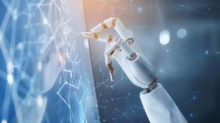 robot operates a transparent tech screen