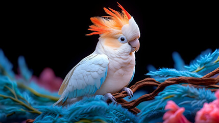 Crested Cockatoo perched on a branch, gazing with a black background, ideal for nature posters and illustrations
