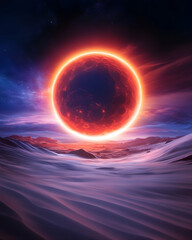Crimson Planet Rise Desolate landscape under fiery celestial body; cosmic fantasy art