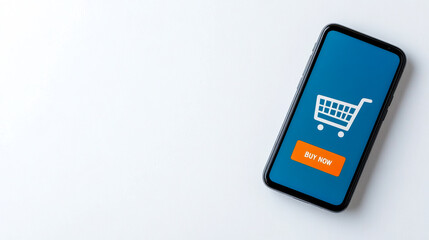 A smartphone displays a shopping cart icon against a blue background, suggesting online shopping and e-commerce activities.