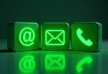 Glowing green communication icons: email, phone, and at symbol on green blocks