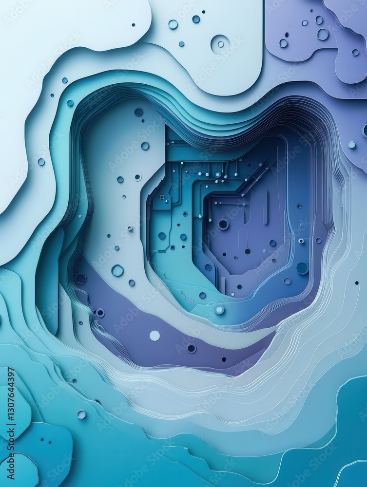 Fototapete Futuristic layered paper art design with abstract circuit motifs in blue and purple tones creates a tech inspired atmosphere Generative AI