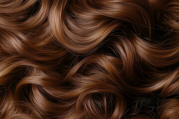 Brown hair curls close up. Beautiful woman hairstyle with shiny wavy chestnut hair, girl with glossy silky tresses. Hair care concept