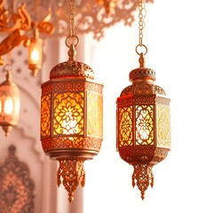 Eid mubarak and ramadan kareem greetings with islamic lantern and mosque Eid al fitr background. Fantasy style lantern for islamic ramadan celebration