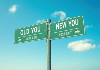 Decision of change: old you vs new you road sign against blue sky