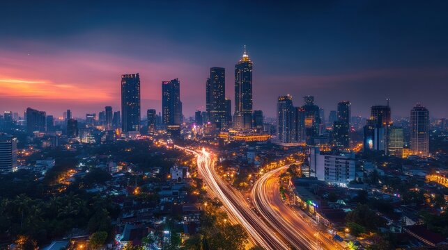 Jakarta skyline illuminated with fireworks during Independence Day celebrations at dusk - Powered by Adobe