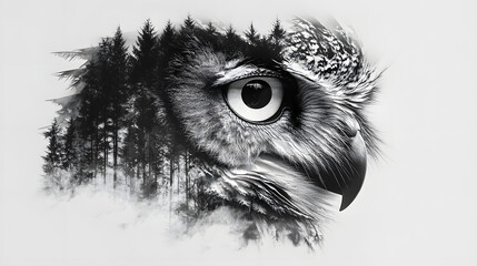 Obraz premium Black and white owl face with a foggy forest background tattoo design 