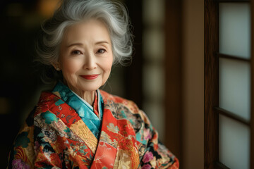 Portrait of senior woman. Smiling asian old lady with gray hair and wrinkles, confident mature person in traditional oriental clothes looking at camera