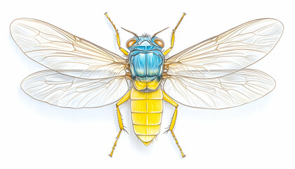 Detailed entomology illustration of blue and yellow insect, top view, white background, for educational and scientific material
