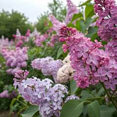 Fototapeta premium A vibrant display of lilac and pink flowers in full bloom, radiating elegance, softness, and the beauty of nature’s colors.