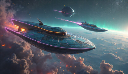 Obraz premium Alien Fleet: Cosmic Nebula Voyage