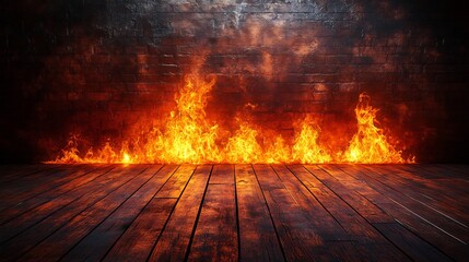Fiery inferno dramatically illuminates dark wooden floor against textured brick wall. AI Generated