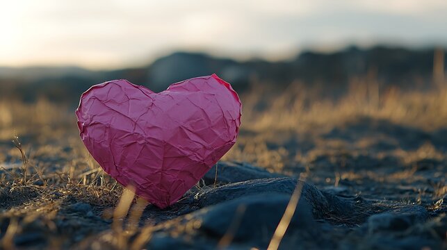 Pink heart on ground at dusk mountain view