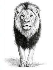 Majestic Lion Drawing, Front View, Grassy Plain Background.  Possible use Art Print, Decoration