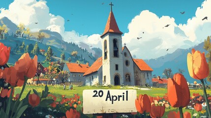 Beautiful spring day at a charming countryside church with blooming flowers and clear blue skies on April 20