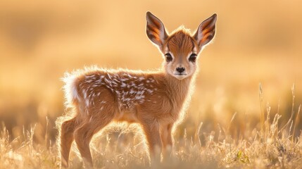 Obraz premium A baby pronghorn antelope standing in the golden prairie, its large dark eyes full of curiosity