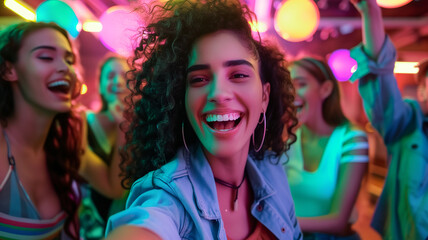 Obraz premium This Friends celebrate together at a fun party filled with laughter and colorful lights.