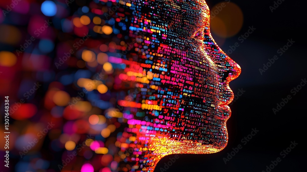 Poster the head of a human, represented digitally and interspersed with binary code and luminous lights