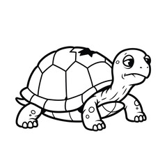 Funny Clumsy Turtle with Cracked Shell - Black and White Vector Cartoon