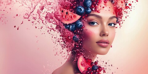 surreal composition featuring a woman’s face merging with splashing watermelon, blueberries, and cranberries