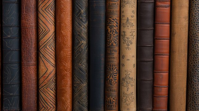 Collection of nine books arranged in a row. the books are of different sizes and colors, with the spine of each book having a unique design.