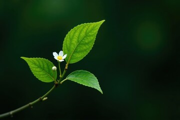 Leafy branch with small flowers on dark background, green, leafy, white