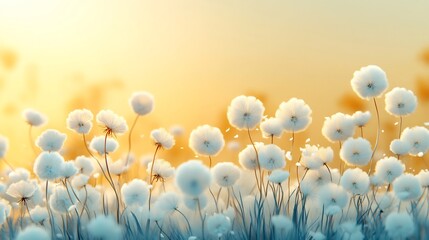Soft light bathes fluffy white dandelion field serene summer landscape. AI Generated