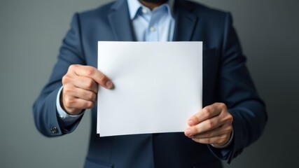 a man in a suit holds a white sheet of paper in front of him with text